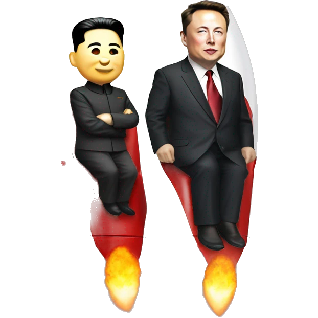 Kim Jong-un and Elon Musk are sitting on a rocket emoji
