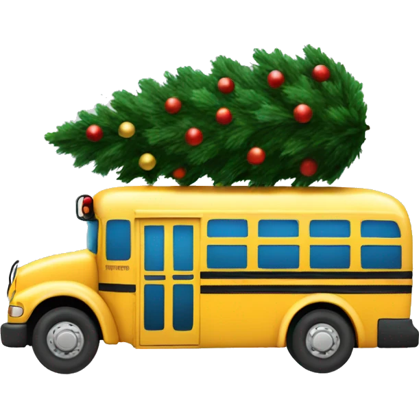 A school bus hauling a Christmas tree emoji