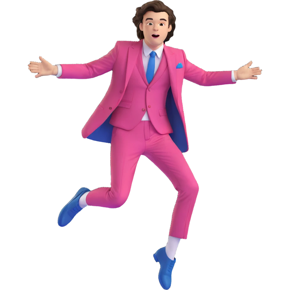 Harry Styles mid-air jump, colorful stage lights, fashionable suit, dynamic movement emoji