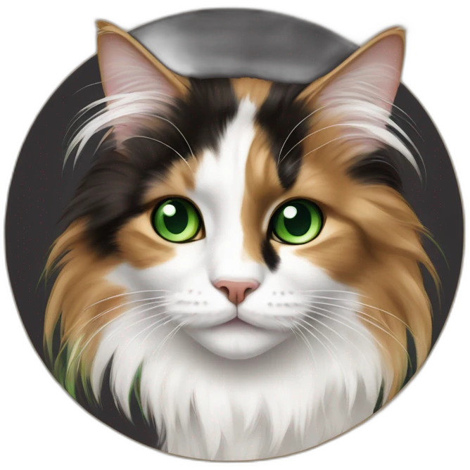 longhaired white and dark brown calico cat with green eyes sat on round cardboard emoji
