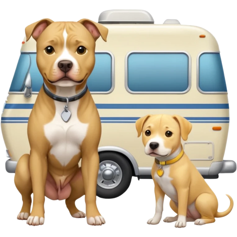 Gray pit bull next to yellow lab in front of an rv  emoji