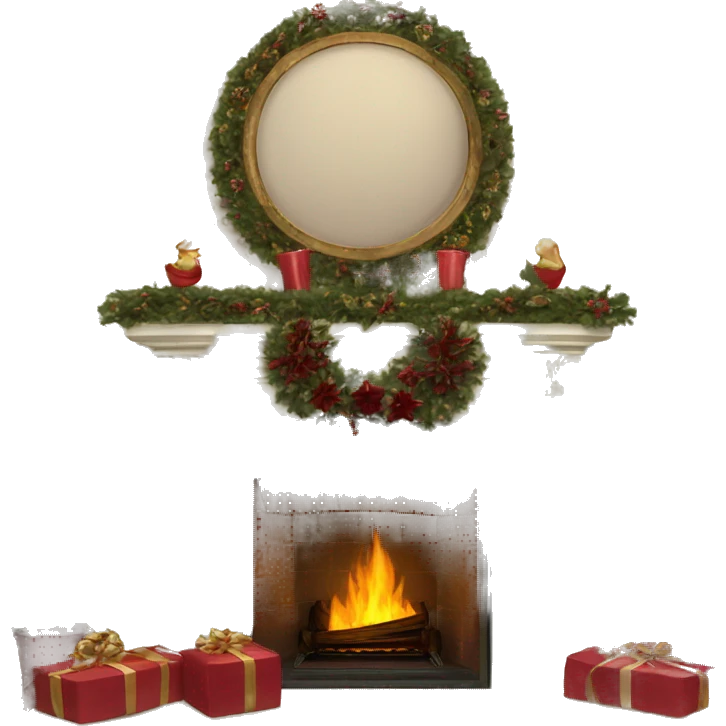 Vintage fireplace with Christmas wreaths with burgundy ornaments with stockings emoji