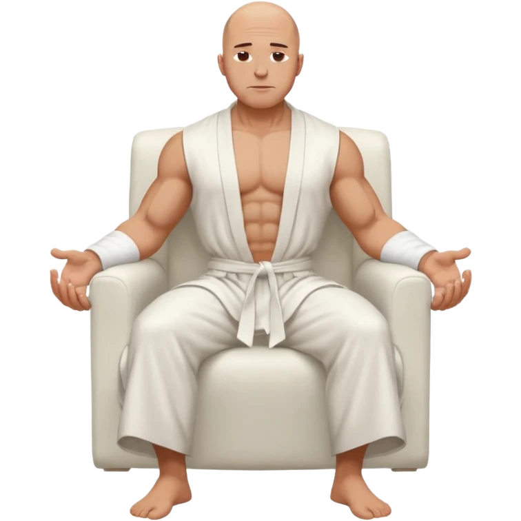 fullbody jacked bald guy, sleeveless and unbuttoned in full white robe sitting without chair and hands down emoji