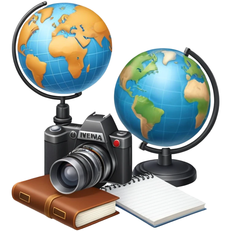 An icon showing a microphone, a notepad, and a camera, symbolizing journalism. The design includes a globe in the background, representing global news, and a breaking news banner for emphasis. Transparent background highlights the dynamic world of media and reporting. emoji