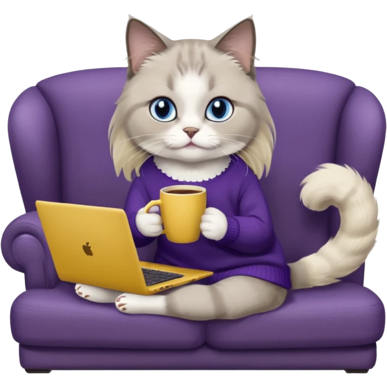 a cute blue eyed brown and white ragdoll cat with white paws and brown and beige tail wearing the dark violet sweater with yellow letteting "Milena" sitting on a grey sofa with grey laptop branded lettering "Lenovo" and drinking coffee emoji