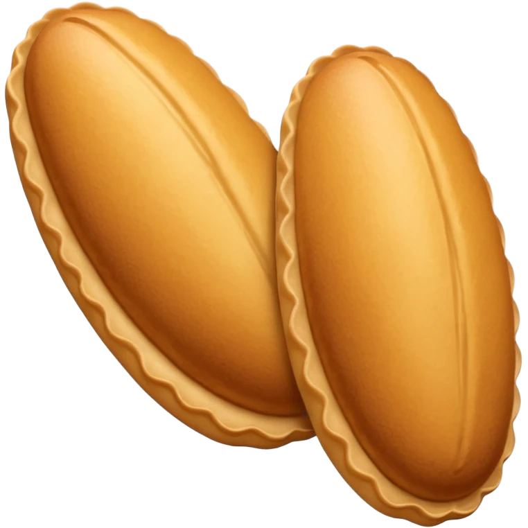 A madeleine pastry. Scalloped oval seashell shape with ONLY four to five vertical lines going in the same direction. Light golden brown. Scalloped edge. Cookie. Flat. Long. Oval shape. Lets scallops. emoji