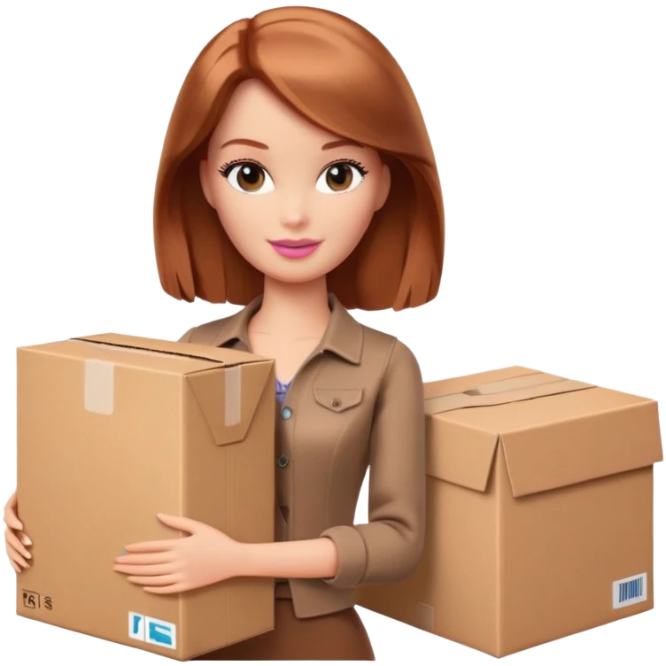 Barbie with shoulder-length reddish-brown hair in brown clothes holds a package box emoji