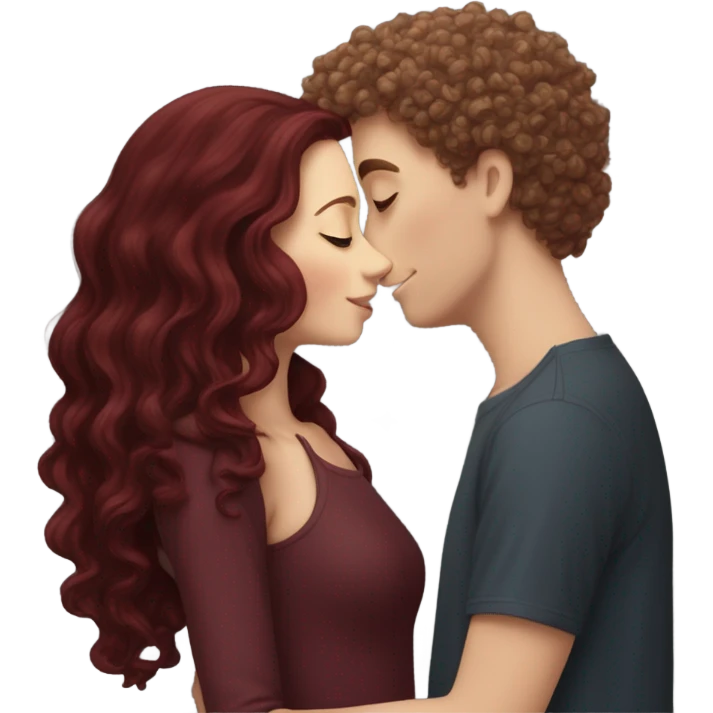 White girl with long burgundy hair kissing a white boy with curly short hair under a sky of star emoji
