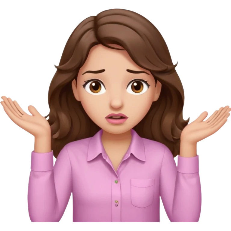 girl with wavy long brown hair, brown eyes, light to medium complexion, long lashes, light pink lipstick, wearing light pink shirt, shrugging with both hands, confused emoji