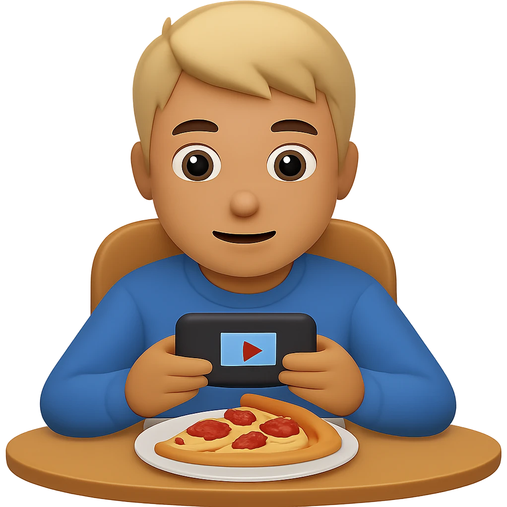 Change the food to pizza, keep the boy watching videos on his phone, emoji style, sitting at a table, with no background. The style should resemble apple style emojis. emoji