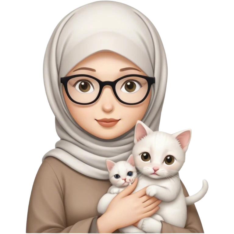 black hijab, white woman wearing glasses, holding cute white kitten, dimension 1080x1080 emoji