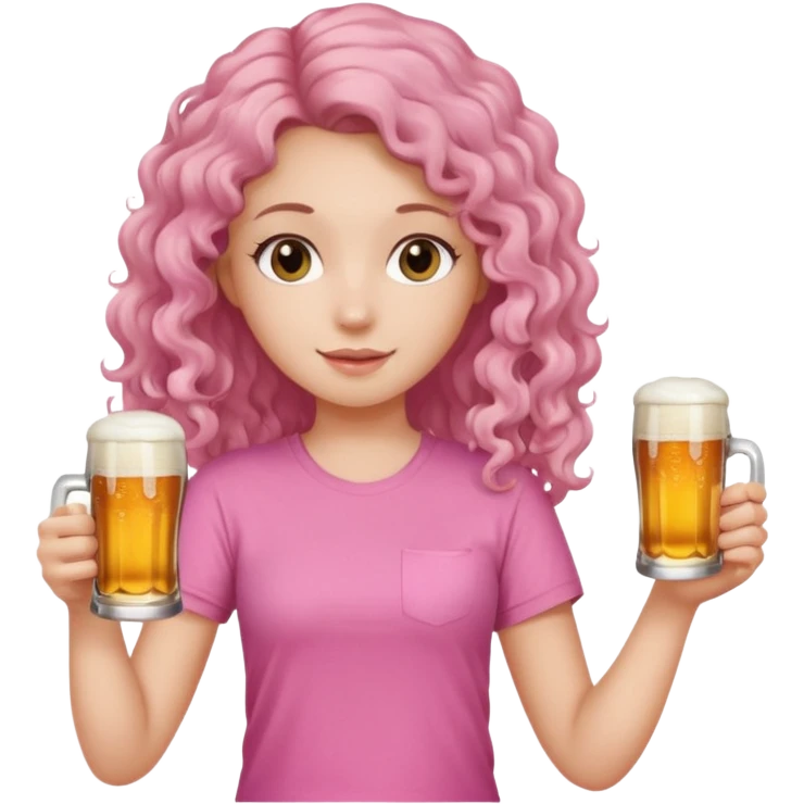 A girl with long, slightly curly, fair hair, in a pink T-shirt, holding a beer in her hands. emoji