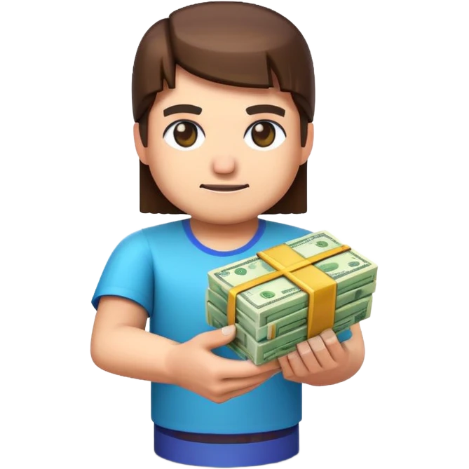 emoji style icon, minecraft blocky character holding a stack of money, pixel art style, bright colors, simple background, 3D glossy emoji, centered composition, soft shadow, high detail, clean outline, white background emoji