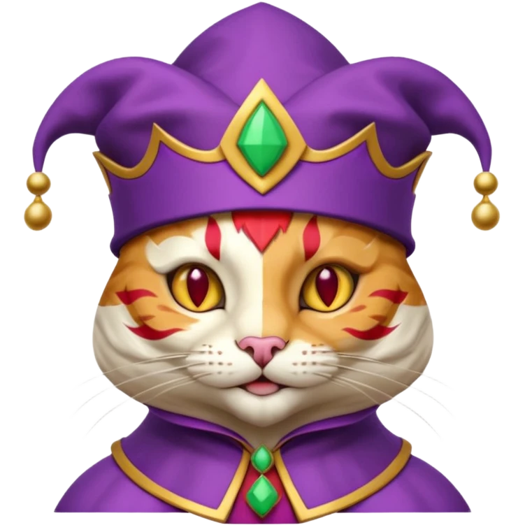 crazy colorful cute little cat jolly joker from poker, medieval, vintage, court jester, mac os icon, purple, gold and red color, half body. Squared shape as 3D mac os icon emoji