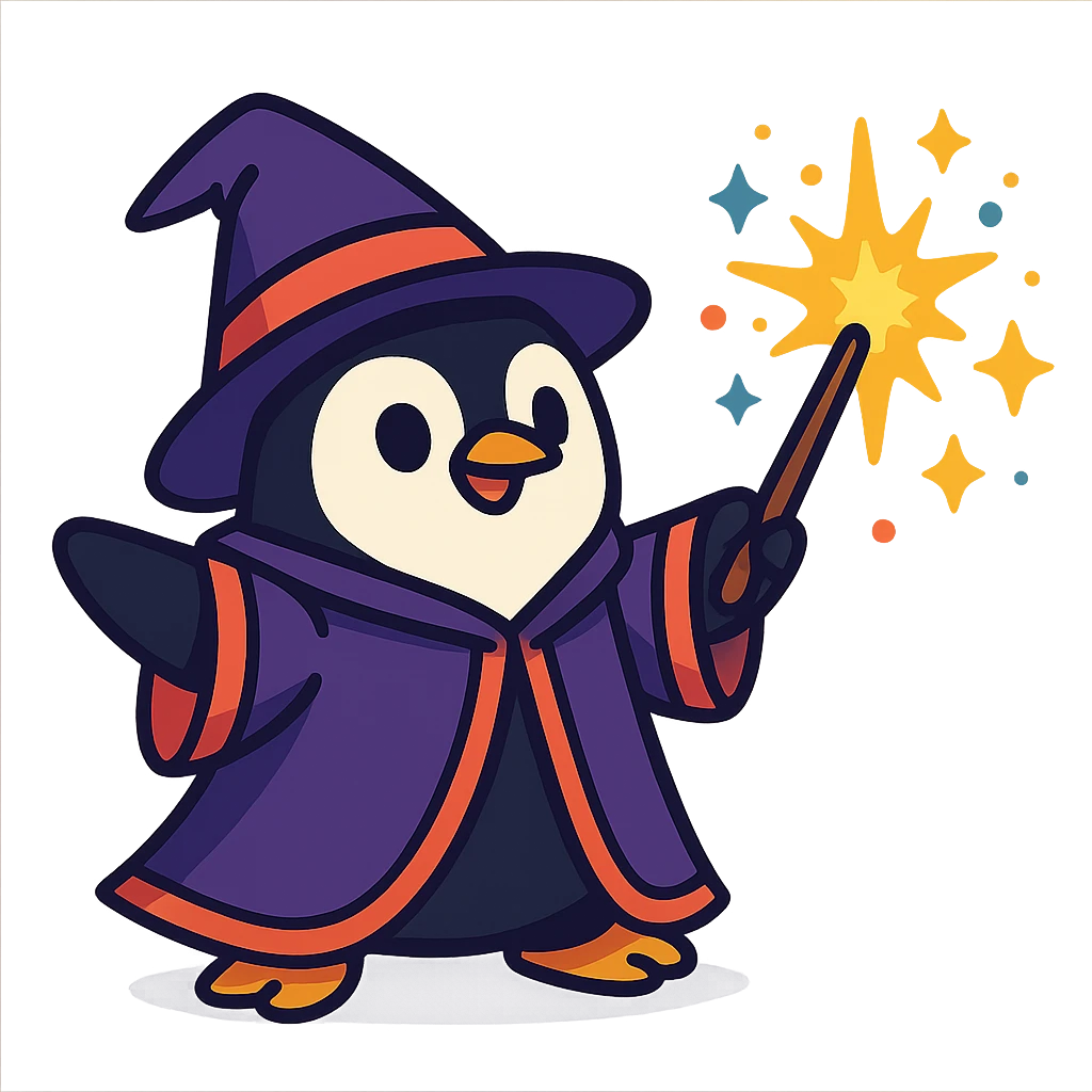 cute penguin wizard casting a spell, wearing a robe and holding a wand, magical sparkles around emoji