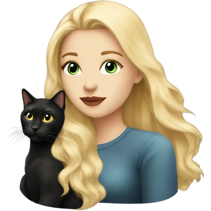 Pretty long blonde haired woman with gray eyes kissing Black cat emoji