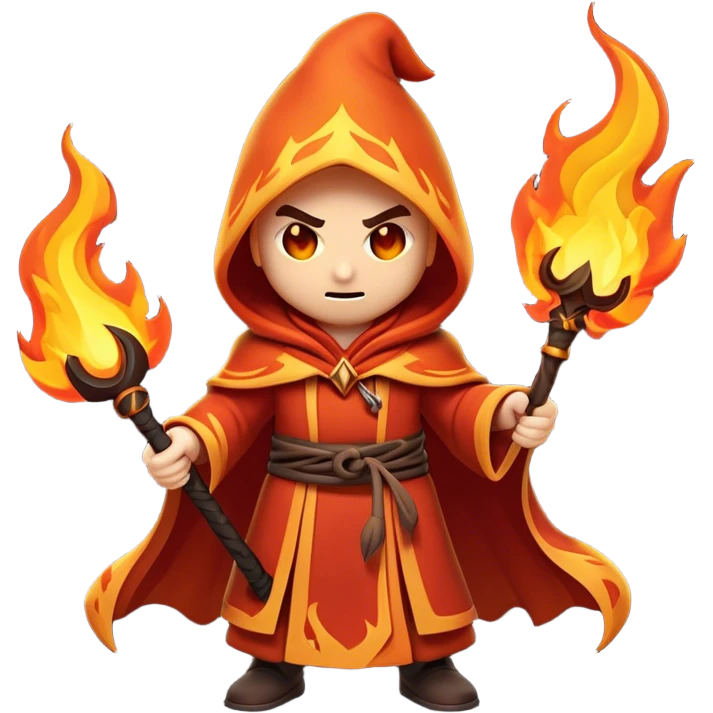 Clash of Clans aesthetic: Cinematic Ferocious Fire Mage Hero Emoji, rendered in a 3D vector-style similar to standard emojis with minimal shading and bold, simplified shapes. A compact, isometric figure draped in flowing, charred and ember-lined robes, wielding a fiery staff crackling with intense flames. Eyes burning with an infernal glow, exuding raw, untamed power. Simplified yet unmistakably iconic, highly detailed and consistent, glowing with a fiery, molten radiance and high shine. Stylized with a touch of menacing sorcery and a searing, ember-infused outline, capturing the essence of a wrathful mage ready to unleash devastating fire magic! emoji