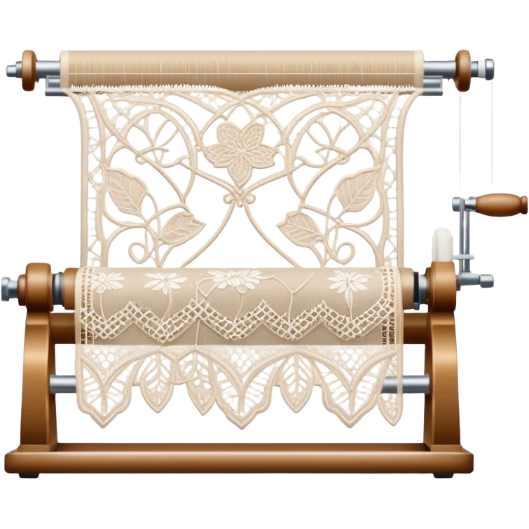 Lace making icon, lace patterns in progress, shuttle, thread, bobbins, intricate details, minimalistic style, clean lines, transparent background. emoji