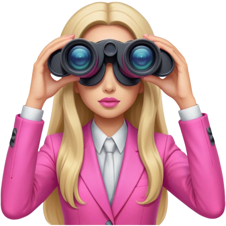 futuristic-looking woman with long hair in an intensive color pink suit looking through binoculars emoji