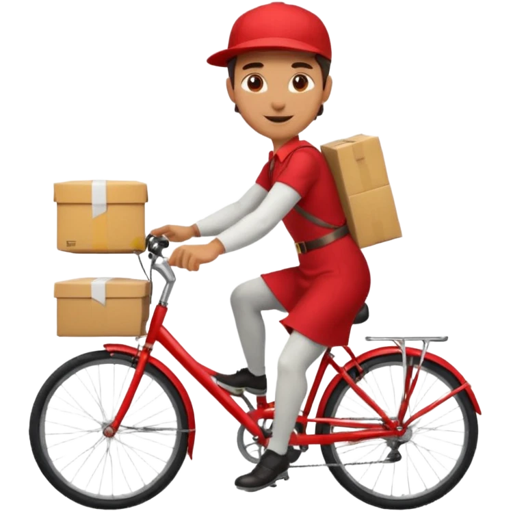 man in a red dress delivering packages on a bicycle, cheerful and dynamic emoji
