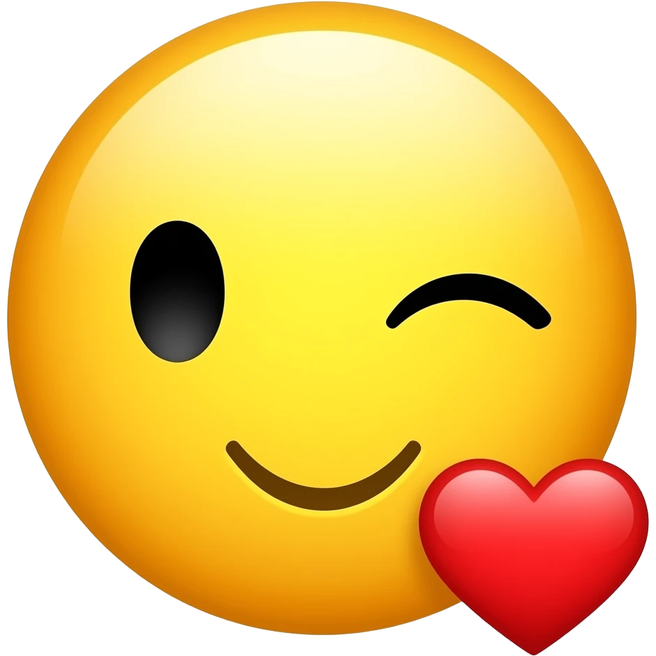 3D glossy yellow emoji blowing a kiss, cute smiling face with wink, small red heart near the lips, soft lighting, vibrant colors, cartoon style, high detail, smooth shading, glowing outline, sticker style, clean background emoji