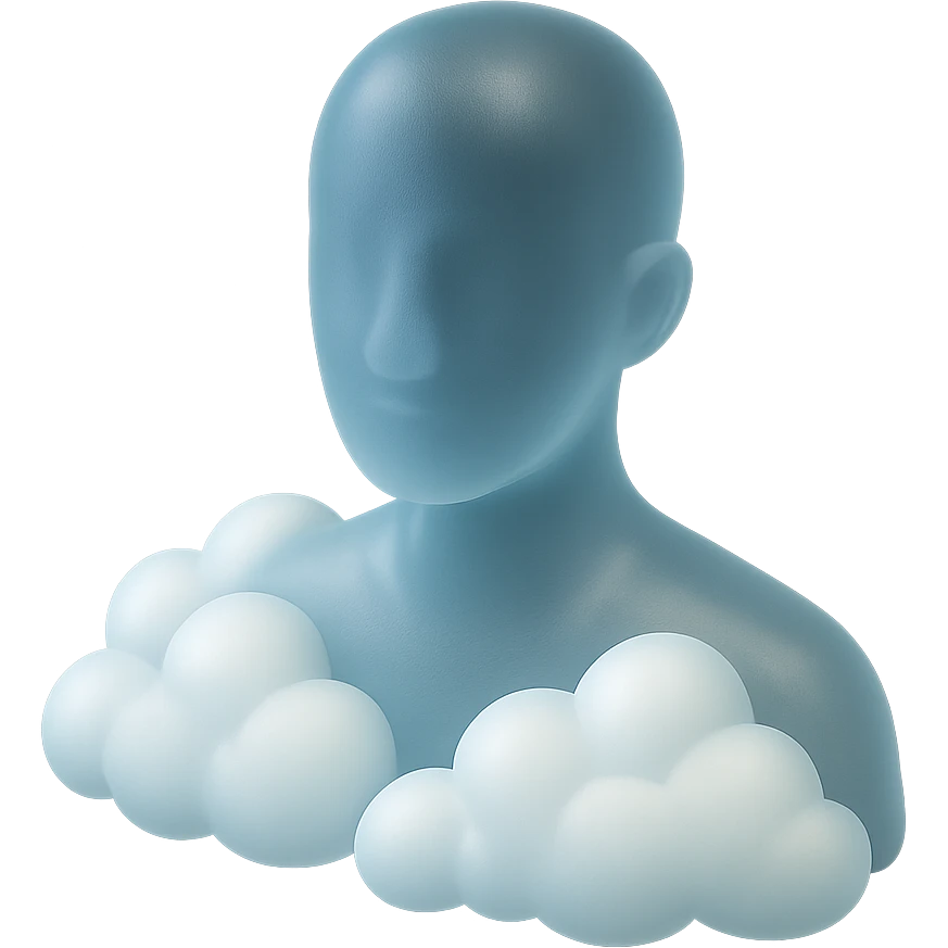 person looking straight ahead, shoulders filled with white fluffy convex clouds, matte glass style emoji