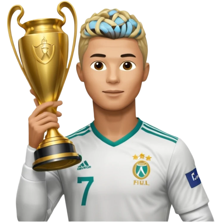 Cristiano Ronaldo holfing the champions league with noodle hair a bit longer noodle hair with a bit of blonde highlights and tge hair xoming down a bit emoji
