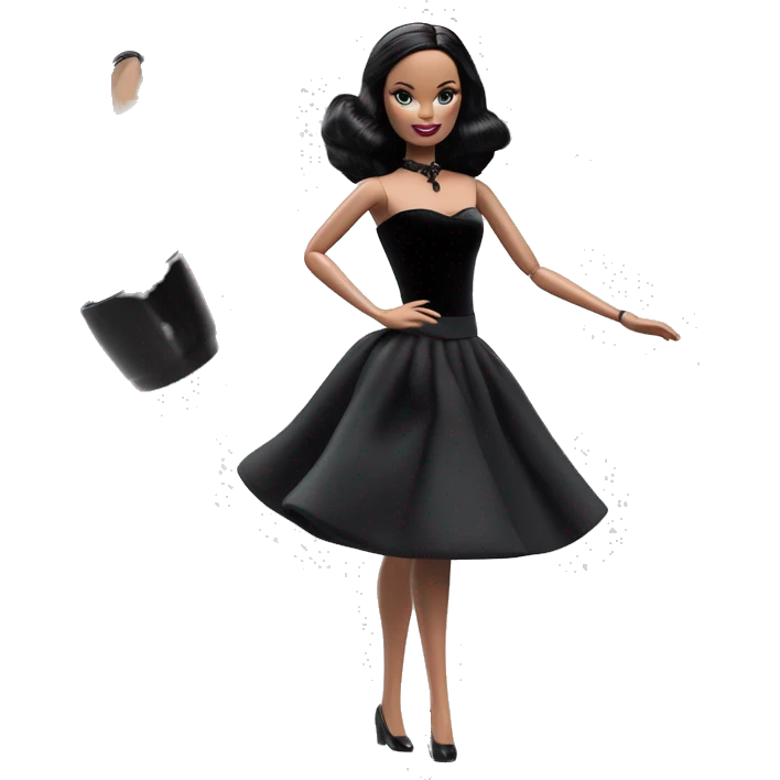 Bunny Wednesday Addams Barbie dancing.  Longer hair, short black flowing strapless evening gown with  plunging neckline that’s off-the-shoulders that also shows her legs and black shiny velvet high heel shoes. emoji