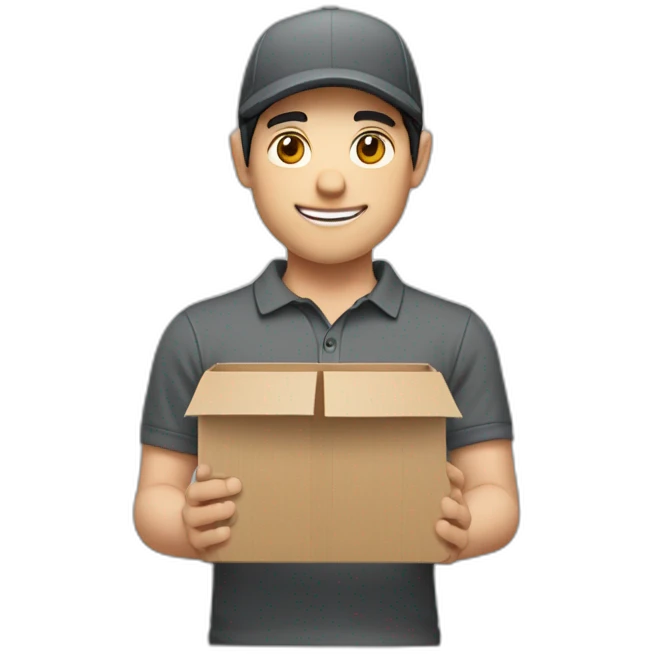 Pale skinned Man with black hair in a gray cap and dark gray polo T-shirt keeping a box into his hands emoji