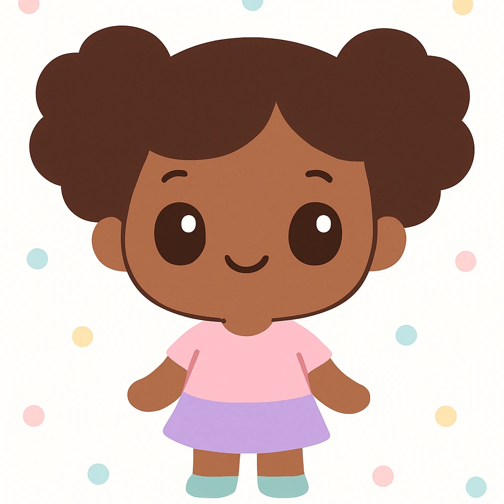 una niña morena de piel con ojos marrones y pelo afro, estilo kawaii emoji