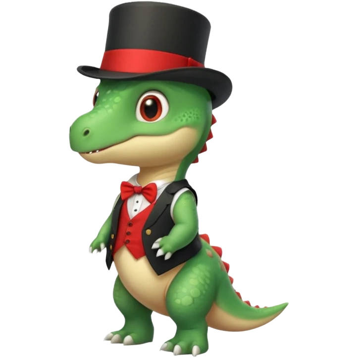 Steampunk:a very cute and adorable green anthropomorphic baby dinosaur with a red top hat emoji