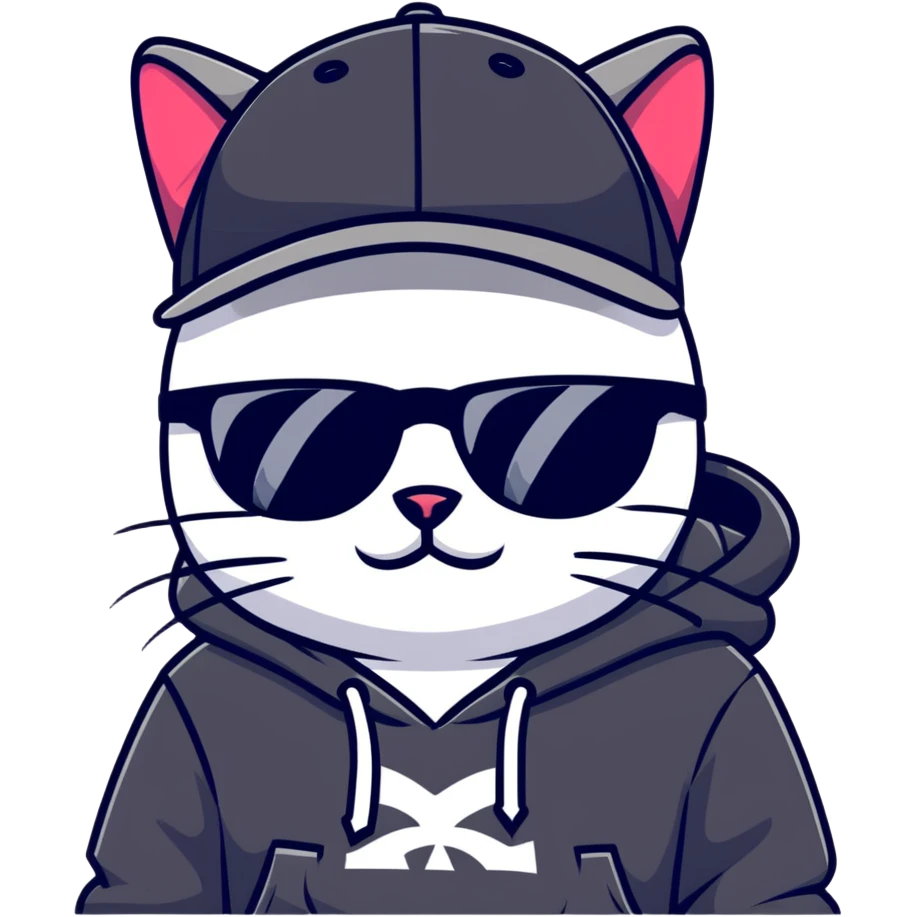 cat wearing a black snapback cap, black hoodie, and black sunglasses low on his nose that he is peering over, doing graffiti art with spray paint, street art style emoji
