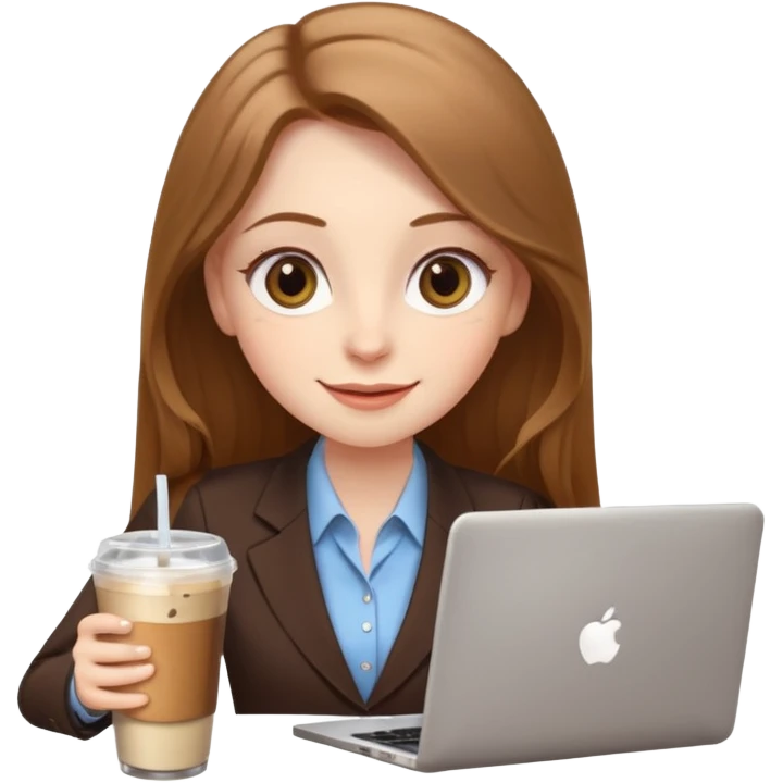 Women in front of laptop with a happy face, face a little fuller, long light brown hair, light brown big eyes, light pale skin with a iced coffee on the side, business attire emoji
