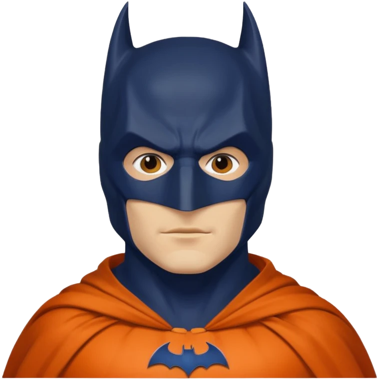 generate a batman emoji with just the face and neck showing and part of the cloak and and wings. Shade the mask in dark navy blue.  Shade the cloak in a solid vibrant orange. Shade the bat logo in a bright  olive green. emoji