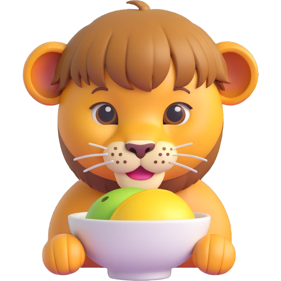 lion with a bowl haircut, straight bangs, cute and expressive, 3D emoji style emoji