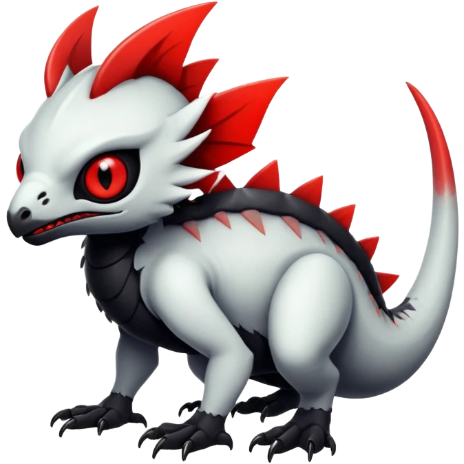 a white exotic edgy vernid-fionbr-Fakémon-creature, with black belly and red eyes, full body emoji