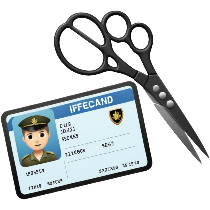 Floating black Scissors cutting in half an idf soldier ID card with a little chip in 2 parts emoji