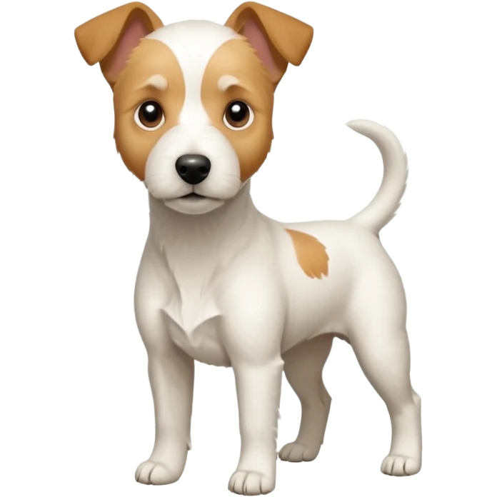 a full body facing front on of a buff white parson russell terrier looking dog the size of a kelpie with light brown long ears and a light brown patch on one eye and a large snout. the rest of the dog is completely white.  emoji