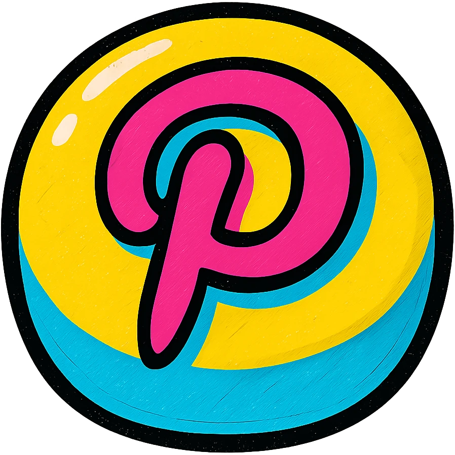 plump rounded Pinterest logo with bold black outlines, clear shadows, glossy highlights, juicy soft playful colorful outlined look emoji