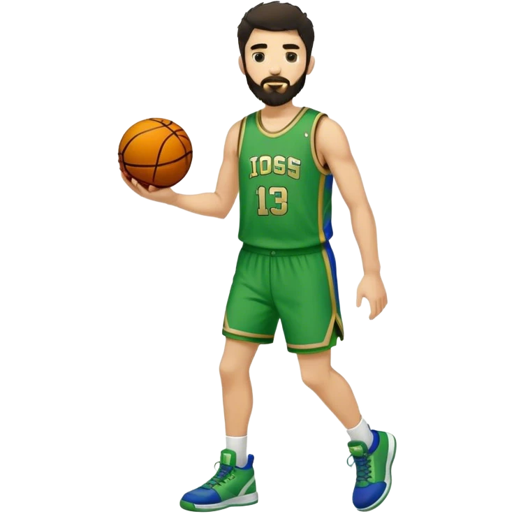 Full Body  white male basketball player with short shaggy dark hair and  close shave gold tee beard  wearing blue and green uniform emoji