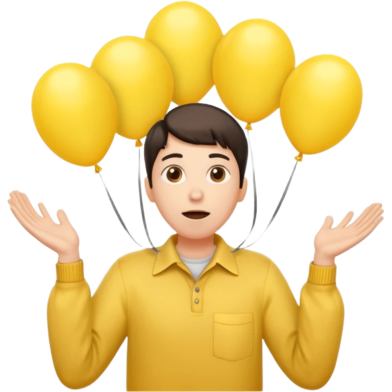 человек зацепился о шарики желтого цвета и летит вверх, видно только голову и шарики и руки emoji