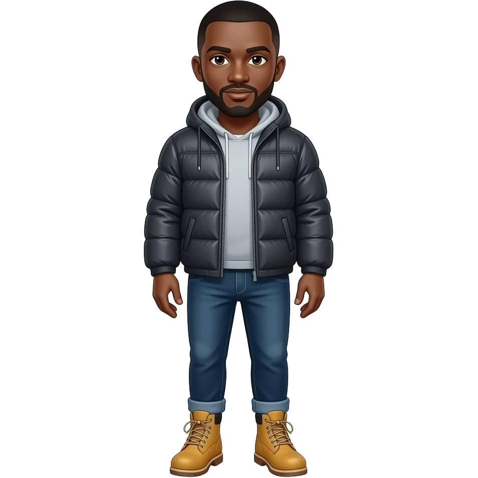 Bald no hair smooth no hair outline  black man with puffer coat, timberland boots emoji