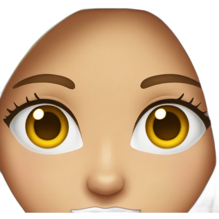 young woman with long brown hair, blue almond-shaped eyes, thin eyebrows and earring emoji