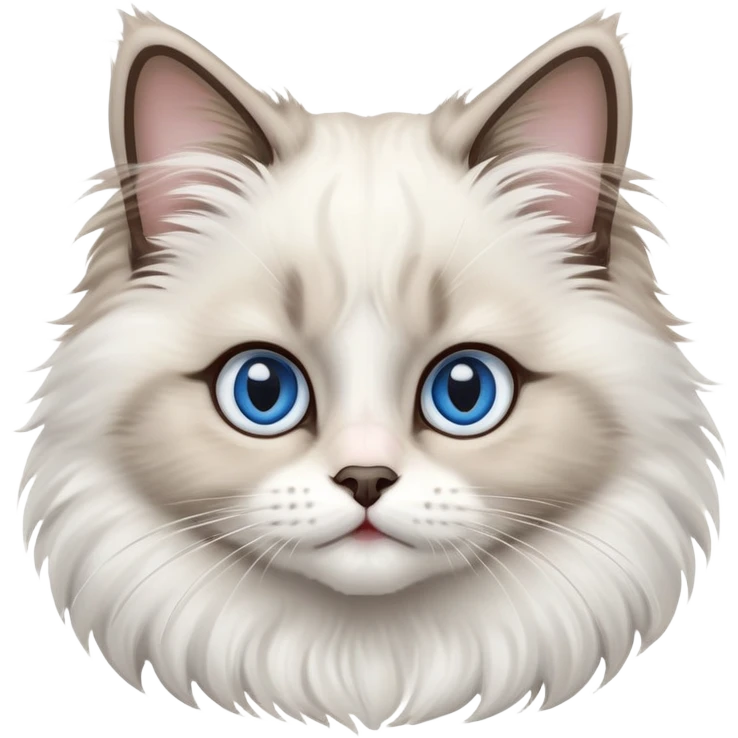 cinematic-adorable-big-eyed-fluffy-ragdoll-cat-portrait-emoji,-head-tilted-playfully-with-a-sweet-expression,-fluffy-white and grey-fur,-simplified-yet-irresistibly-cute-features-with-large,-expression, blue eyed ragdoll cat emoji