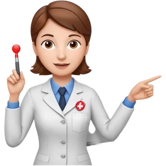 Happy Teacher, female, brown hair up, holding a pointer to a white board with a CPR logo. emoji