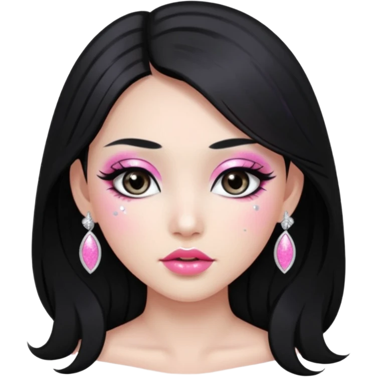asian long black hair silver grey eyes glossy lips glittery white and pink eyeshadow girl emoji