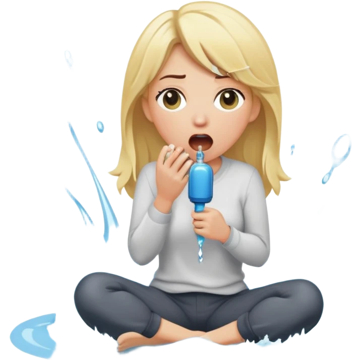 cartoonish blond woman sitting on her knees with surprised expression, wide cartoonish stick with a D-shaped knob coming out of a pair of pants hanging in front of her face, water stream squirting from the flat side of the knob into her open mouth, white couch in the background emoji