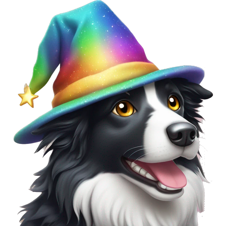 Rainbow-coloured Border Collie wearing a velvet wizard hat covered with tiny, sparkling, silver stars.  emoji