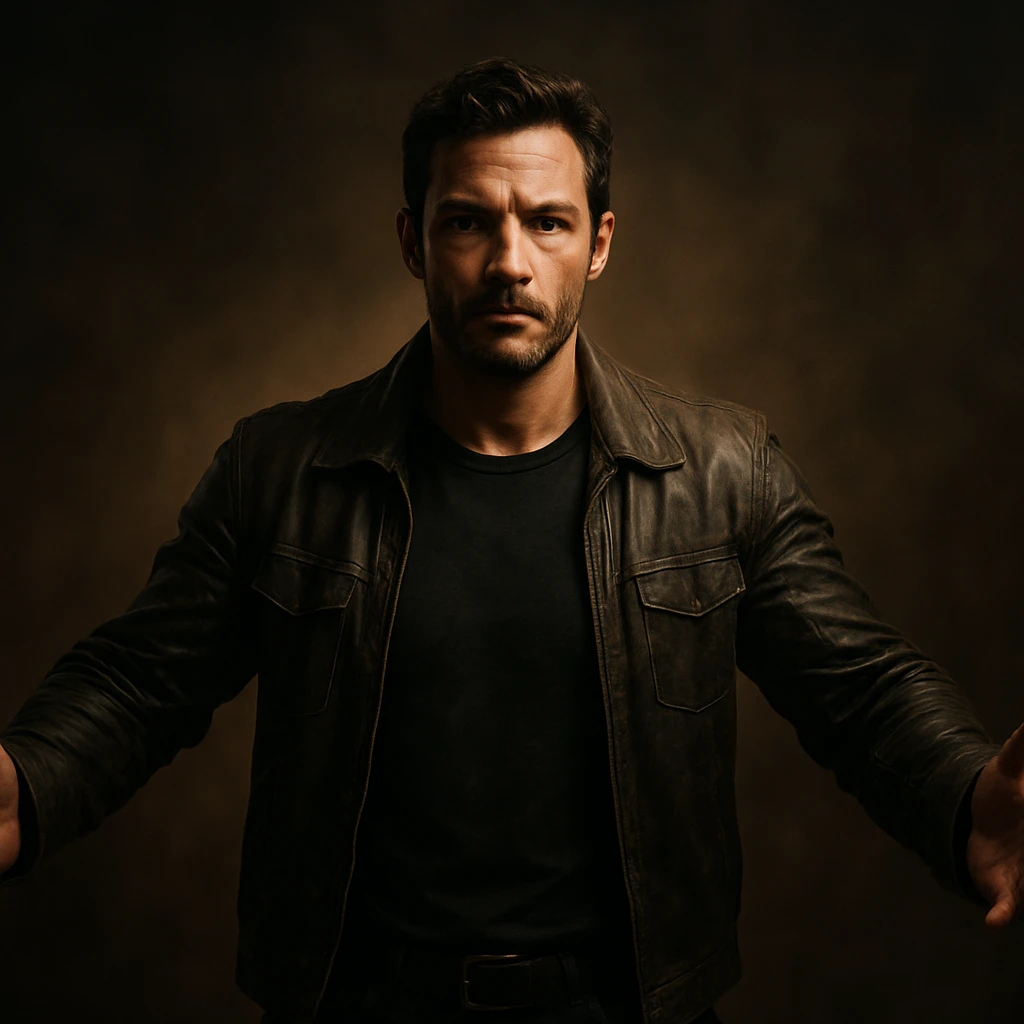 hyper realistic 4K cinematic image of a man with open arms, confident and protective, intense yet gentle expression, cinematic lighting, powerful atmosphere emoji