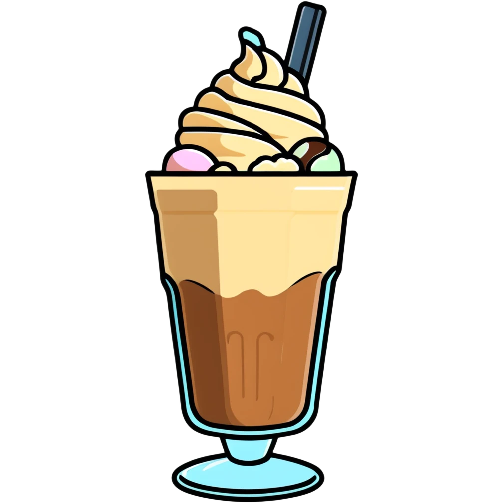 Cold coffee milkshake in a tall glass with ice cream on top emoji